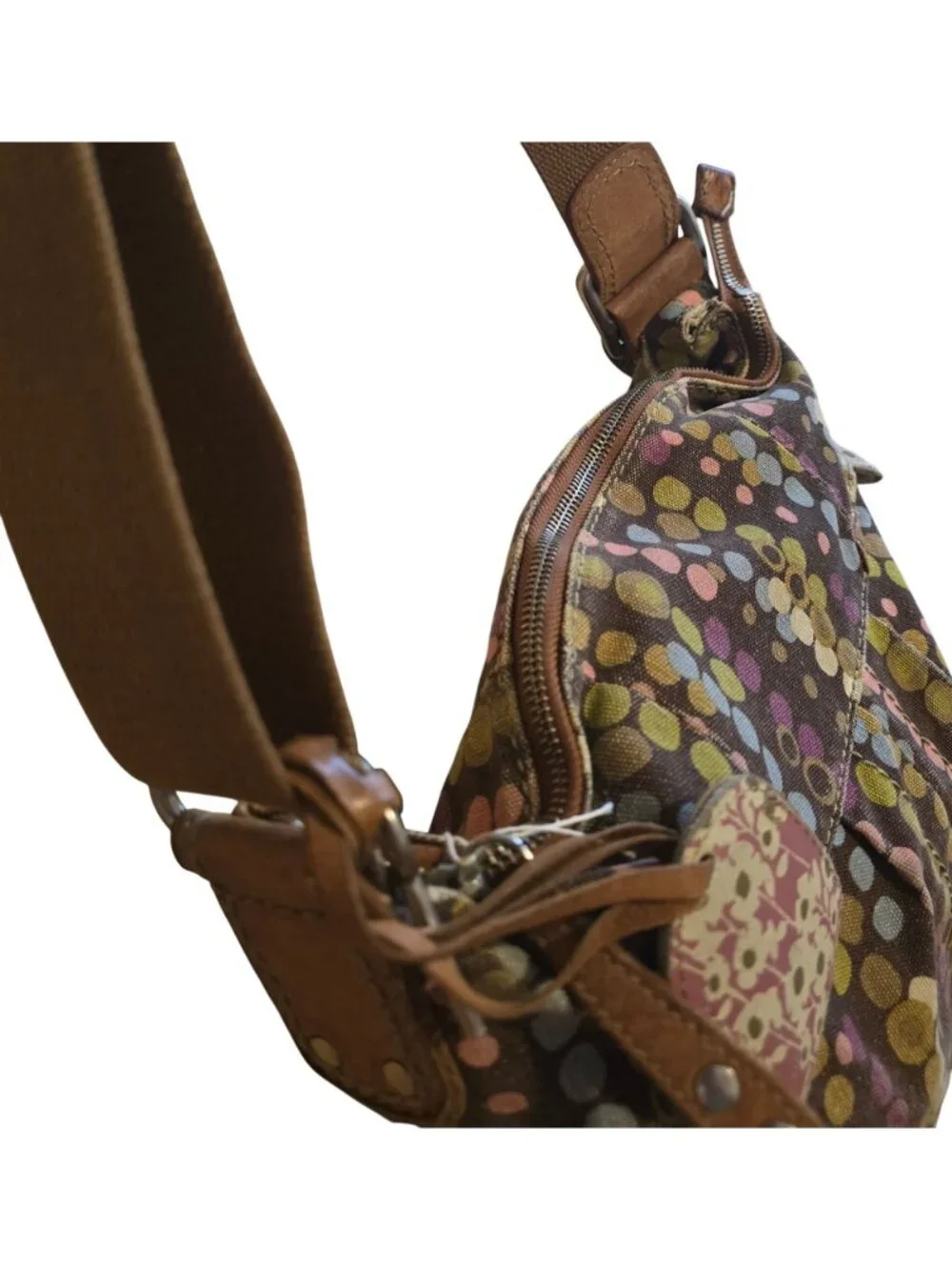 Vintage Fossil Multicolor Dot Canvas Crossbody Bag With Key & Pockets distressed